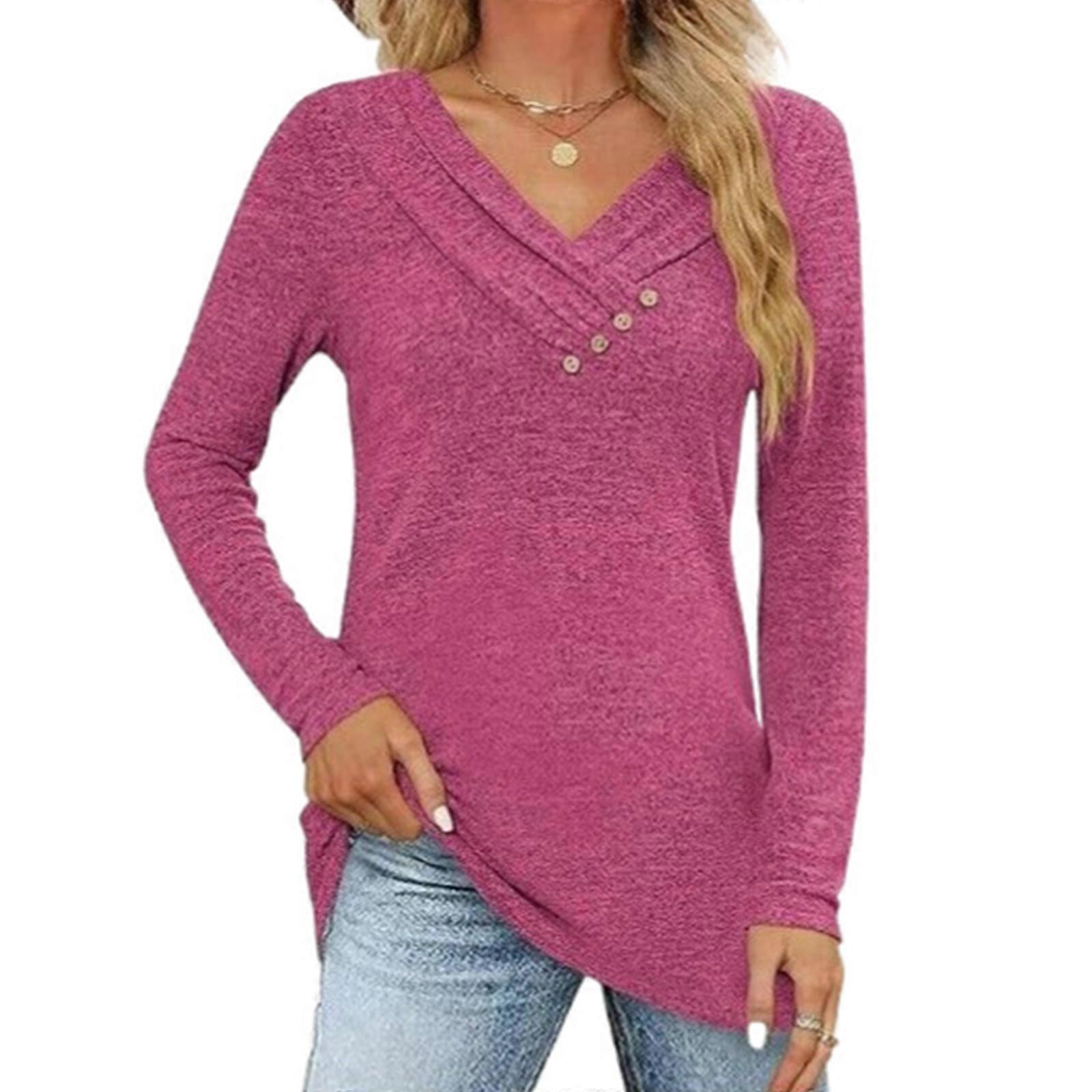 Women Fall Long Sleeve Pullover Tunics Top Solid Color T-Shirt Cross Ruched Cowl Neck Button Trim Casual Loose Sweatshirt  rose Red XL