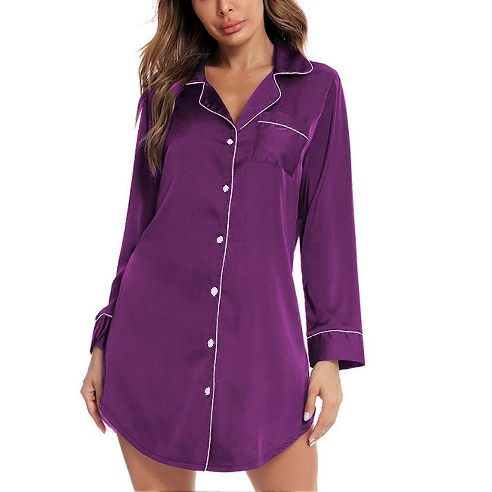Camisola de Manga Longa para Mulheres com Design de Lapela com Botão Elástico Amigável à Pele Confortável Camisola de Dormir Feminina Solta