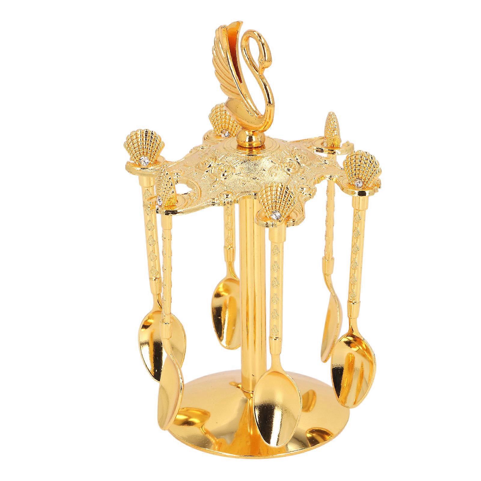 Swan Kaffeskedar Set Spegelpolerad Stark Konstruktion Swan Bashållare med 6 Skedar För Fruktsallader Guld 