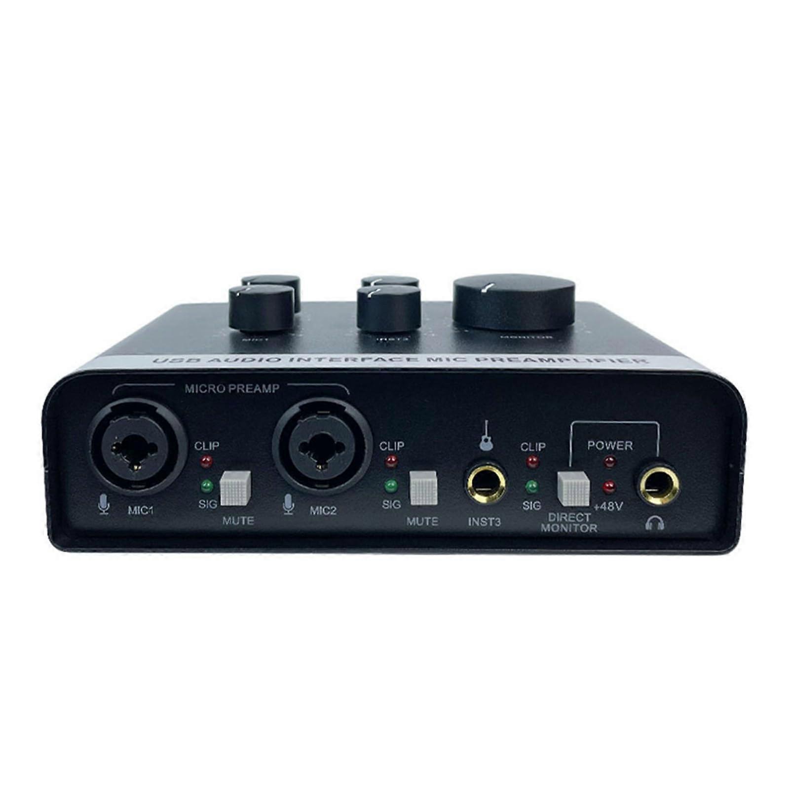 Sound Interface, 2 in 2 Out, XLR 1/4in Mic Preamplifier, Professional, Realtime Monitoring, USB Card for PC Recording, Podcasting, Streaming