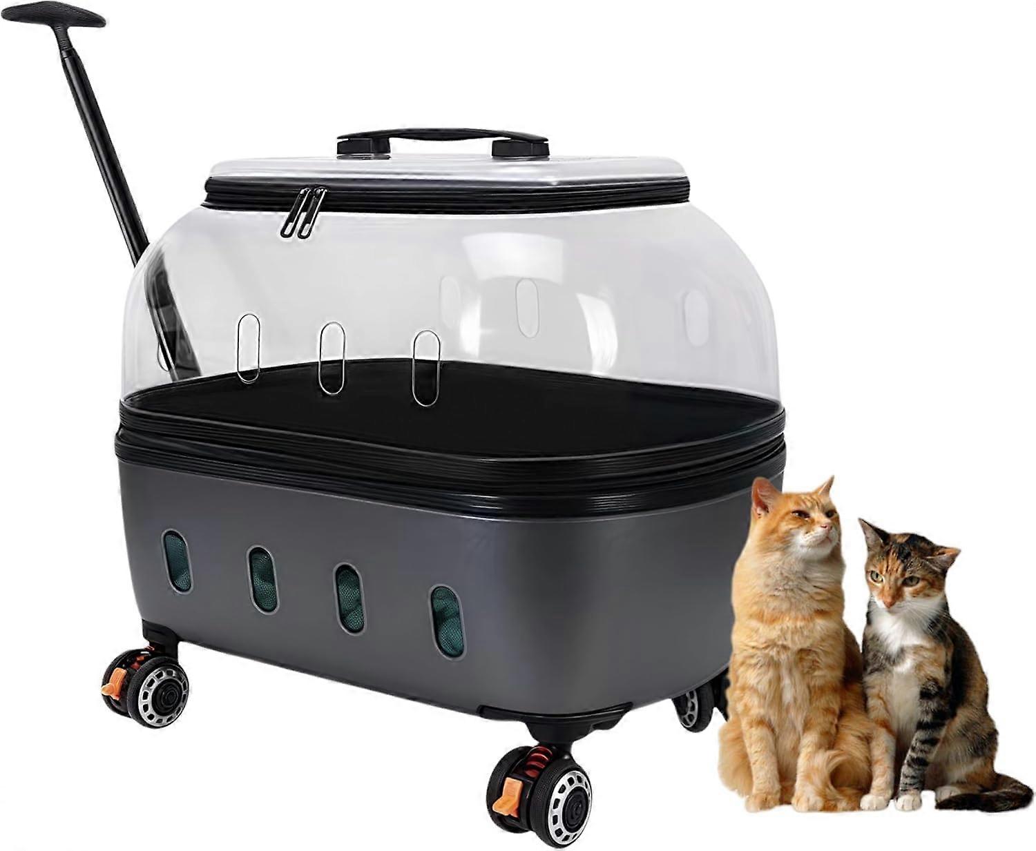 Portable Pet Carrier with Wheels Clear Rolling Cat Travel Case, 19x14x18in Grey With Pink Trim, Retractable Handle