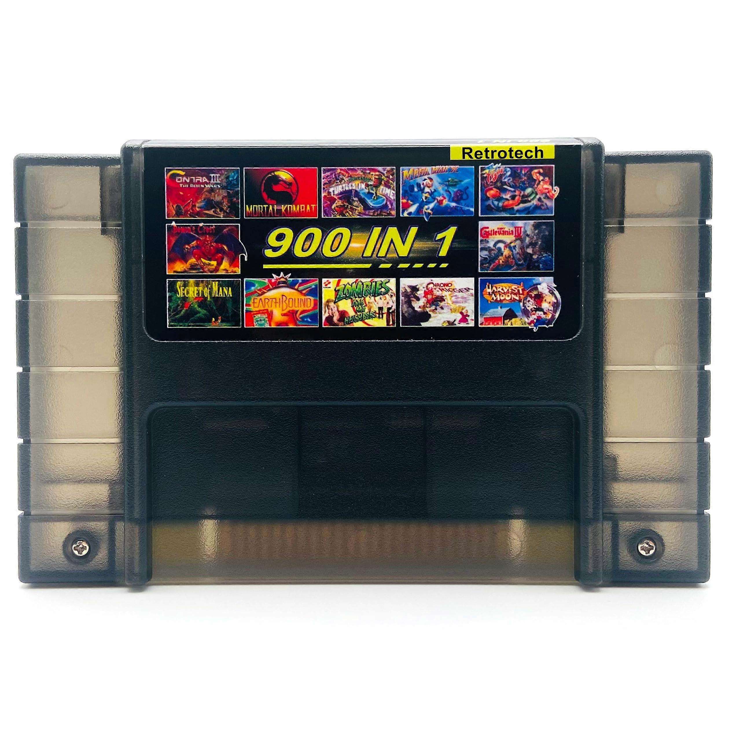 Super 900 In 1 Cartridge For SNES Super Nintendo 16Bit Game Console - Clear Black Edition, Multi-Game Compatibility