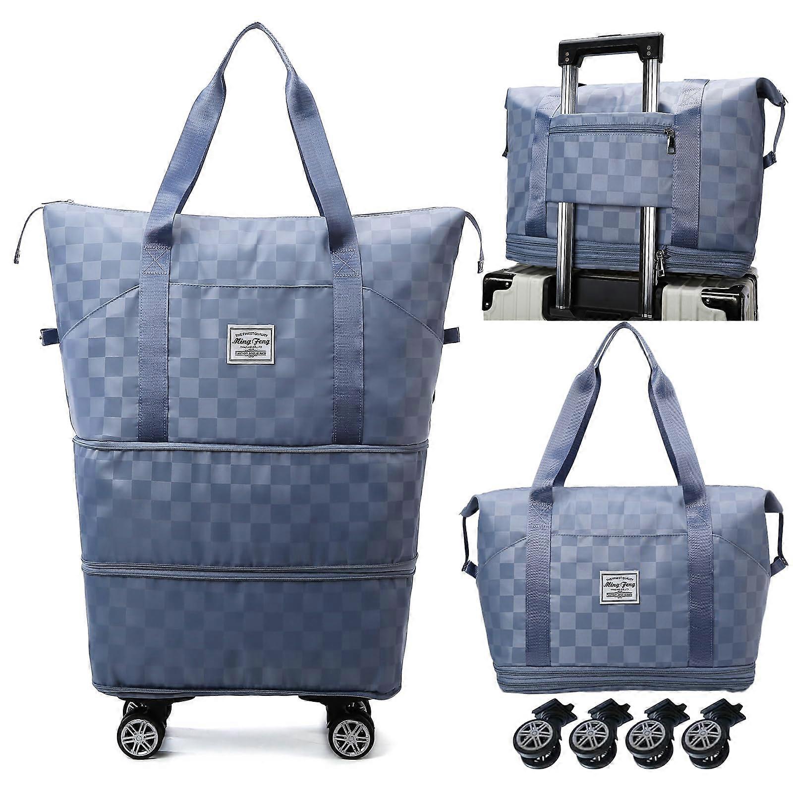 Rolling Checkerboard Weekender Bag with Wheels, Expandable Foldable Duffel Luggage for Travel, Carry-On for Men and Women