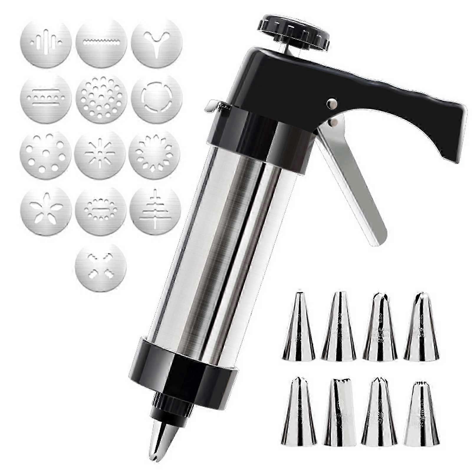 Stainless Steel Cookie-Press Set Reusable Biscuits Maker Set with 13 Cookie-Press Discs/8 Icing Tips for Home