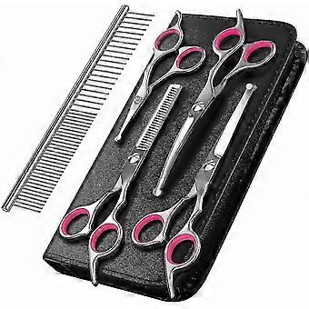 Dog Grooming Scissors, 5-piece Titanium Coated Stainless Steel Pet Grooming Tool Set, Thinning/straight/curved Shears And Comb - Pink