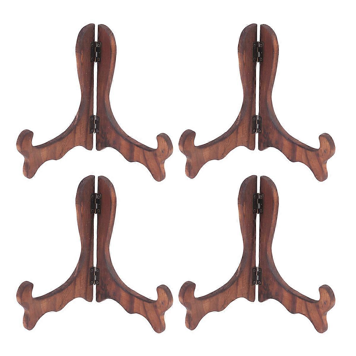 Easel Plate Display Stand Tea Cake Holder Curved Leg Design Brown Wood Material Home Use 4Pcs