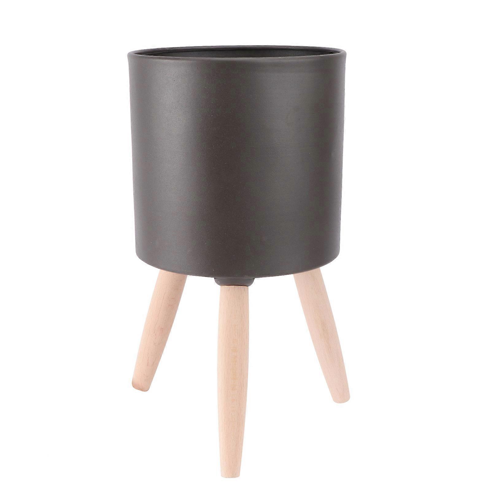 Planter Pot With Stand Iron Metal Flower Stand Round Shape Wood Composite Material Homeowners 1Set