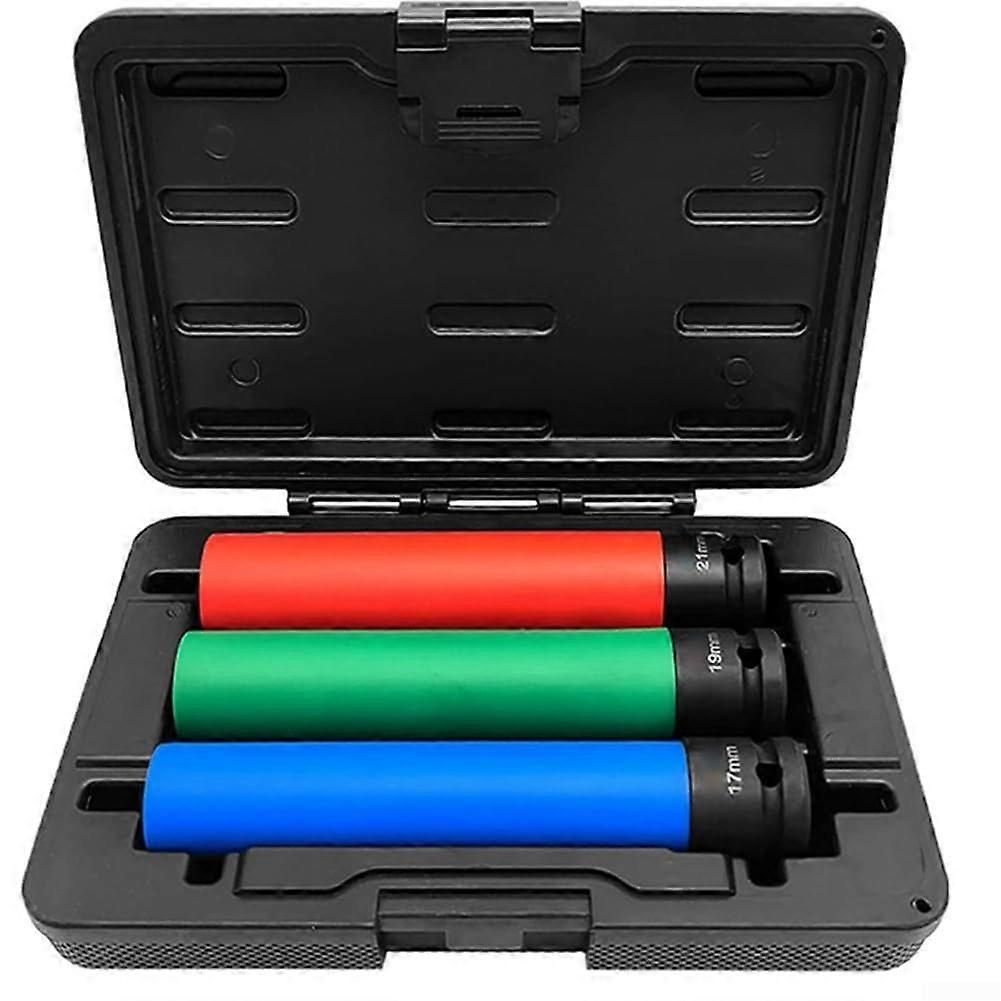 3piece wrench set, antiinjury design for tire tasks with 17 mm, 19 mm, and 21 mm fit.