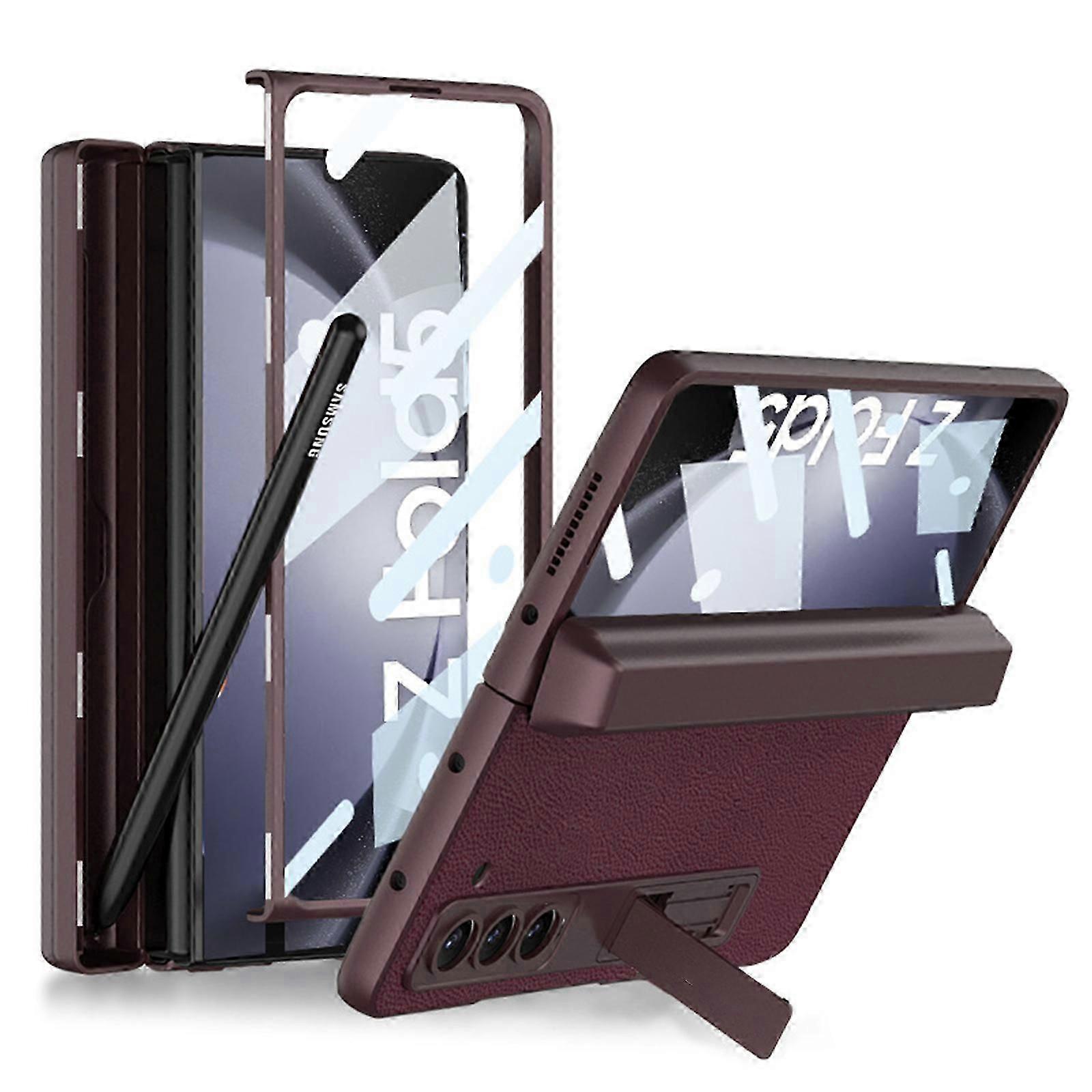 لحقيبة Samsung Galaxy Z Fold 5 مع حامل قلم ، حامل قلم مدمج مفصلي مغناطيسي ، واقي شاشة ومسند جلد PU قابل للطي 5