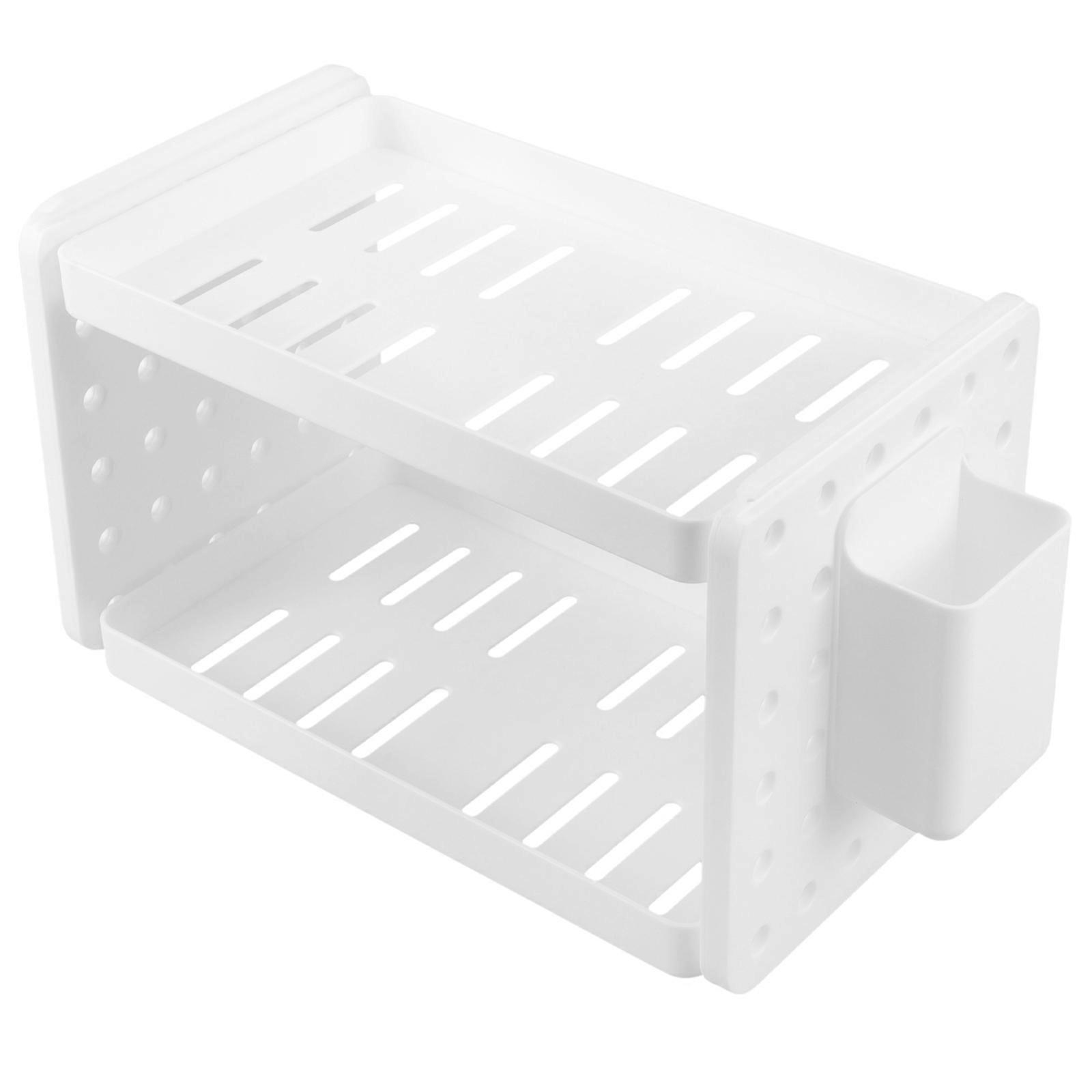 Double Layer Makeup Organizer with Bucket Hooks Toiletry Storage Rack Foldable Cosmetic Skin Care Holder for Bathroom Countertop Desk Shelf Home Use