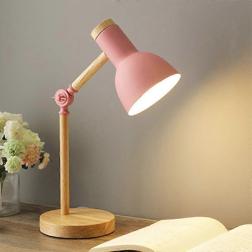 Nordic Table Lamp Modern Reading Bedside Lamp with Eye Protection Adjustable E27 Wood Night Light (Pink)