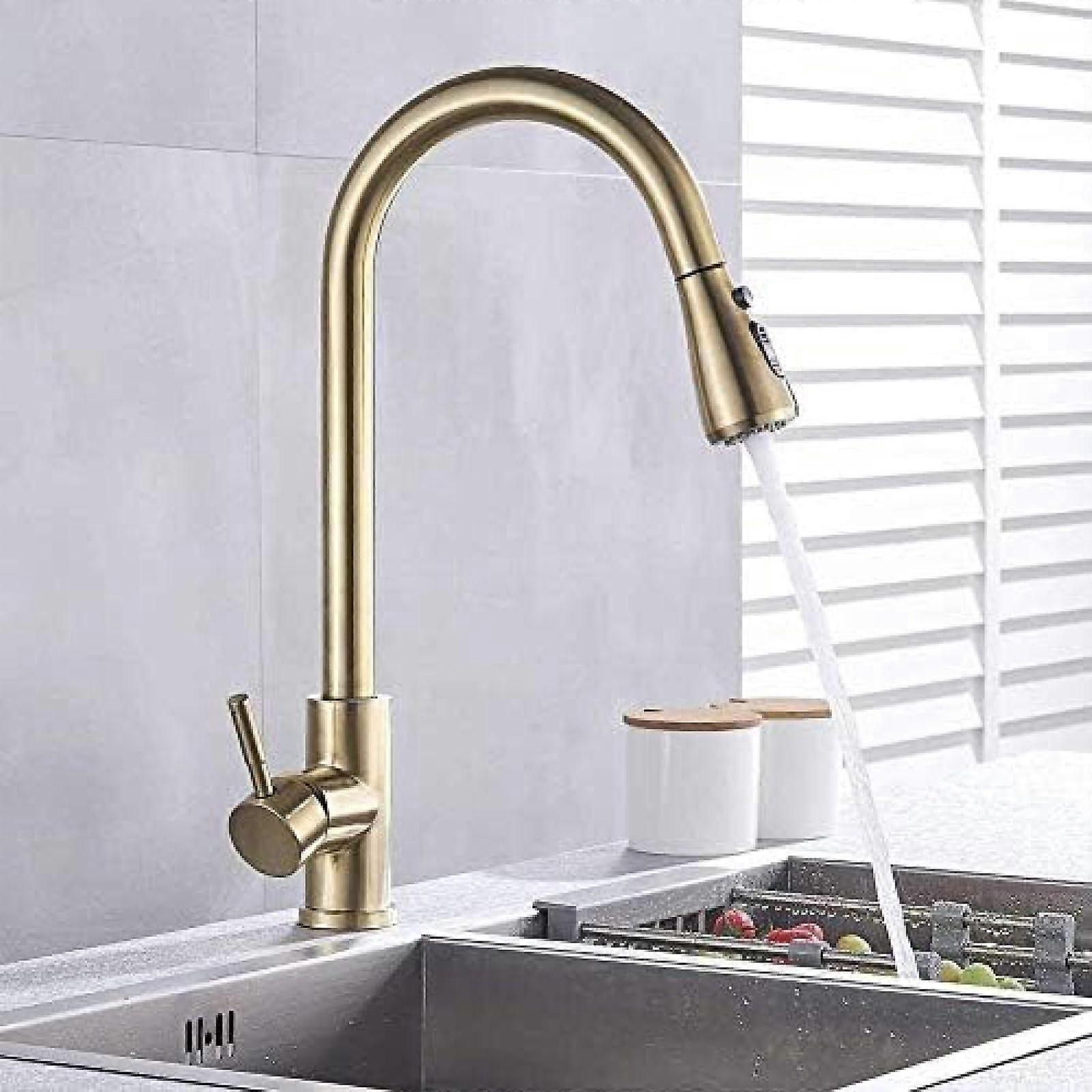 Brushed Gold Single Hole Kitchen Faucet with PullOut Sprayer, 360° Swivel Spout, Arc Design