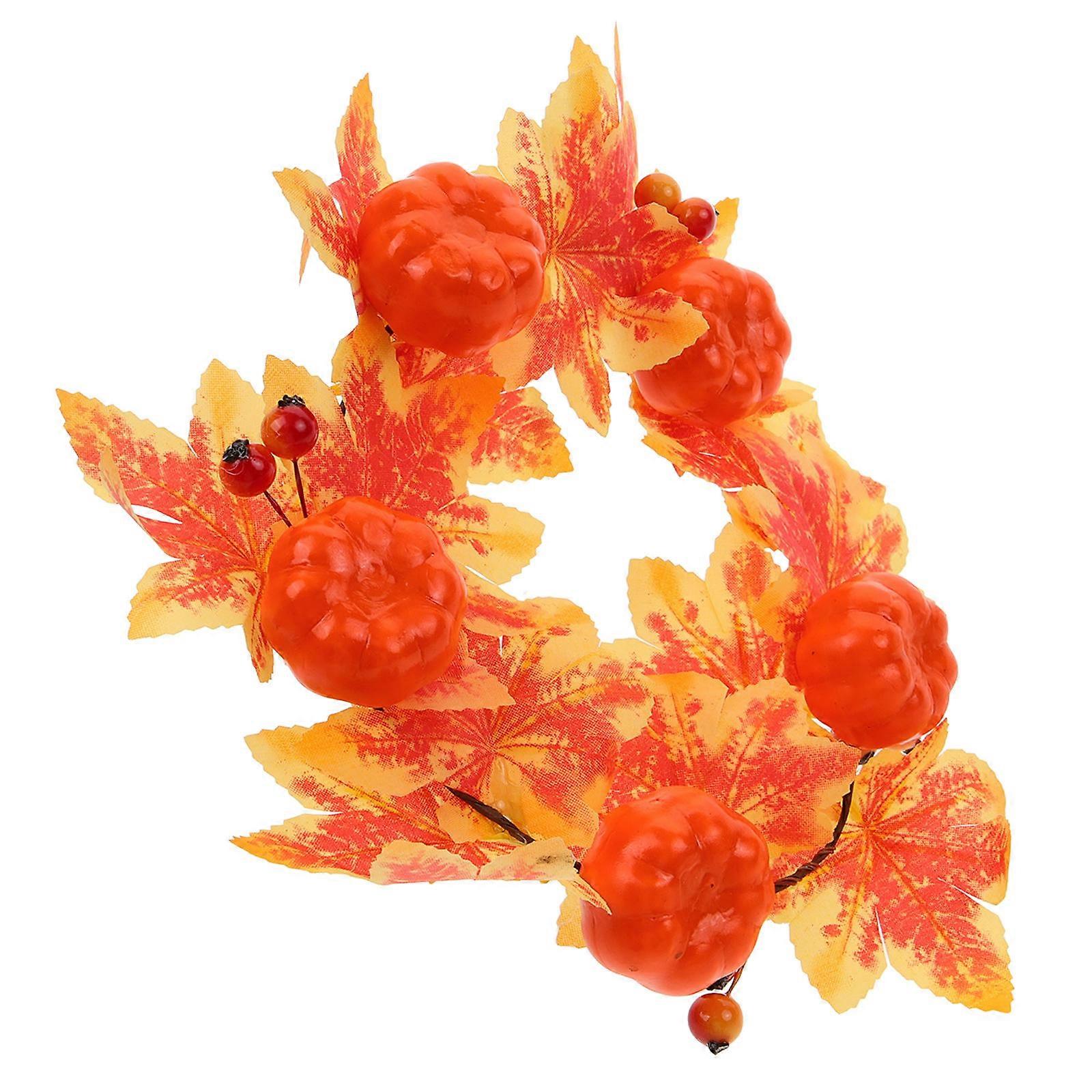 Artificial Maple Leaf Candle Ring with Pumpkin Fall Wreath for Thanksgiving Table Centerpiece – Easy to Install Autumn Garland for Home Party Decor