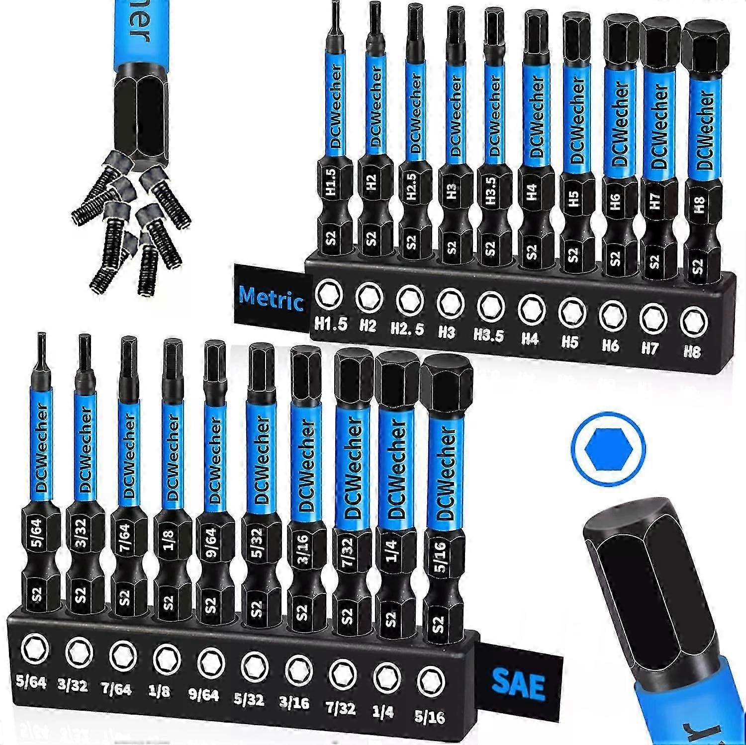Allen Key/Allen Wrench Drill Bit Set, 10 PCS Impact Hex Bits with Metric & SAE Sizes, 2 Inch Length
