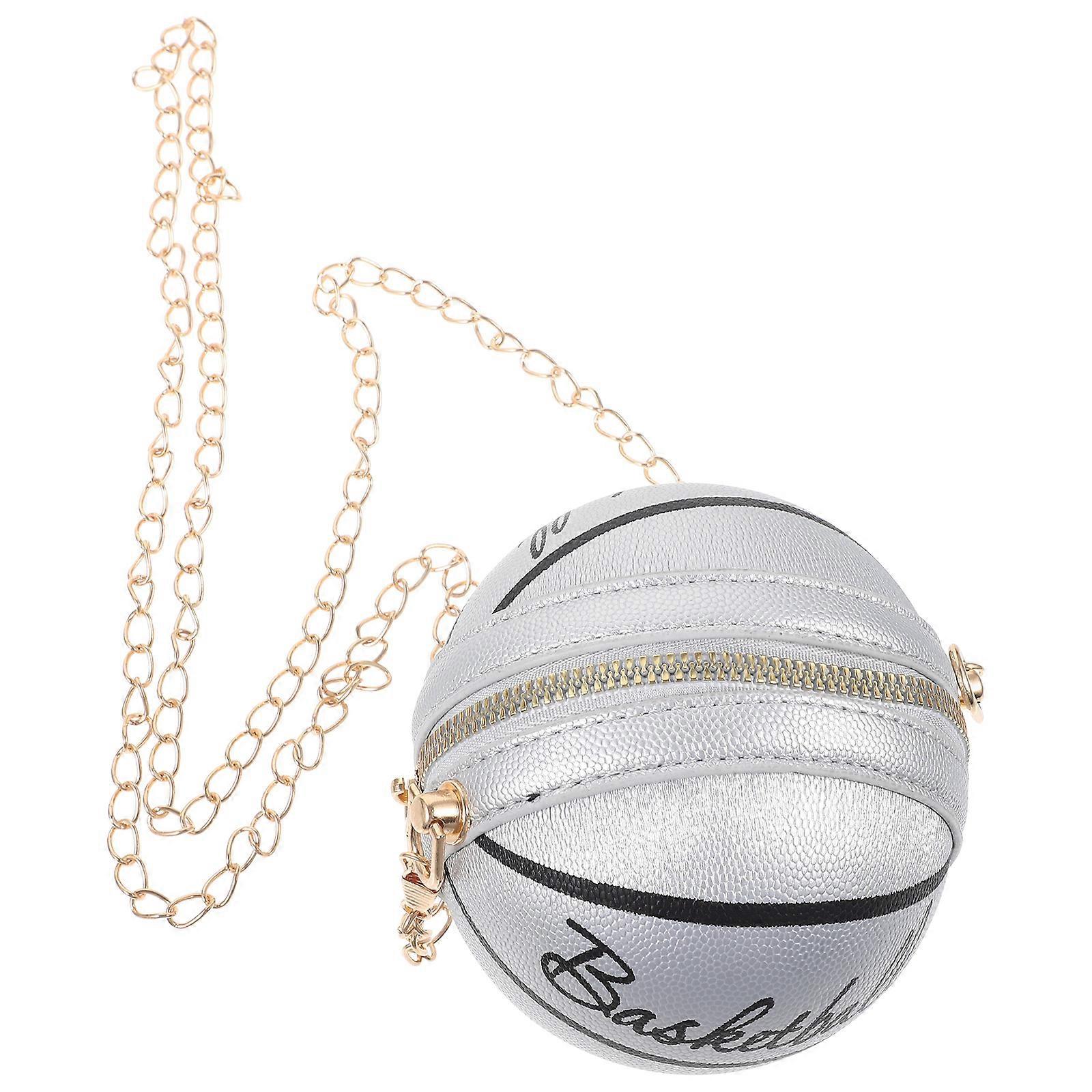 Chain Basketball Bag Crossbody Handbag for Storage Use Silver PU Material