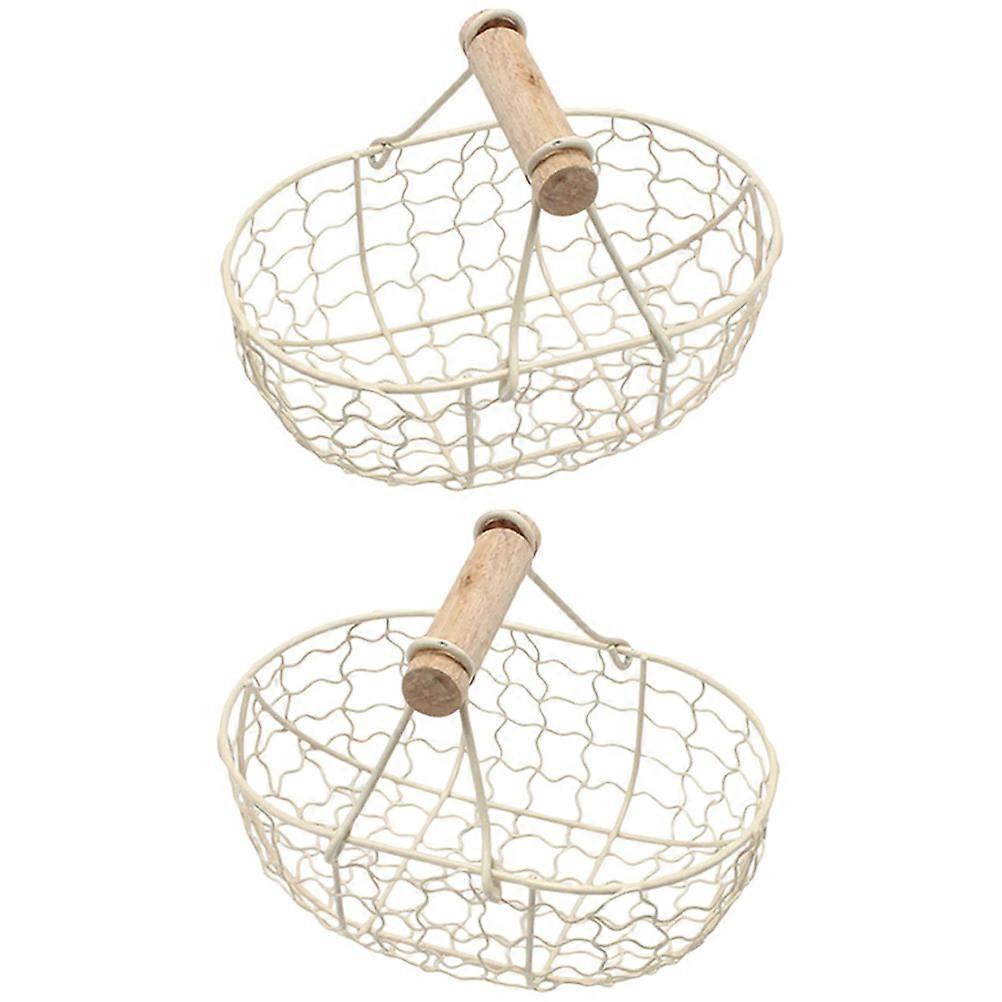 2pcs Iron Fruit Basket with Wooden Handle for Serving or Desktop Egg Storage Container