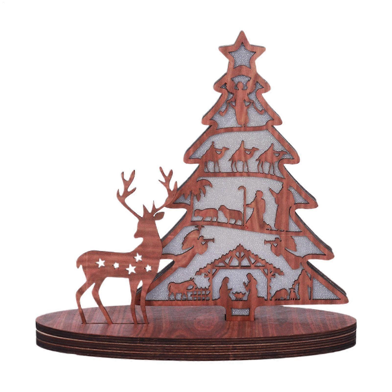 Wood Tabletop Nativity Figurine Light Up Scene Christmas Tree Shaped Wooden Nativity with LED Light for Bedroom Decor