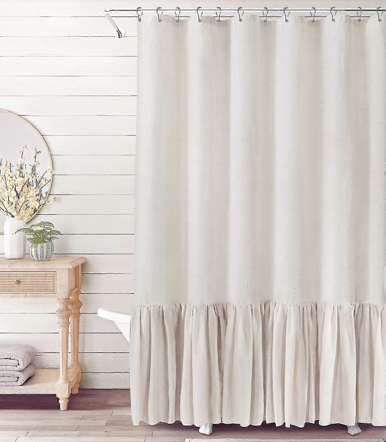 Cream Linen Shower Curtain with Ruffle Hem and Hooks, 72x72 Bathroom Decorative Accessory for Elegant Home Styling