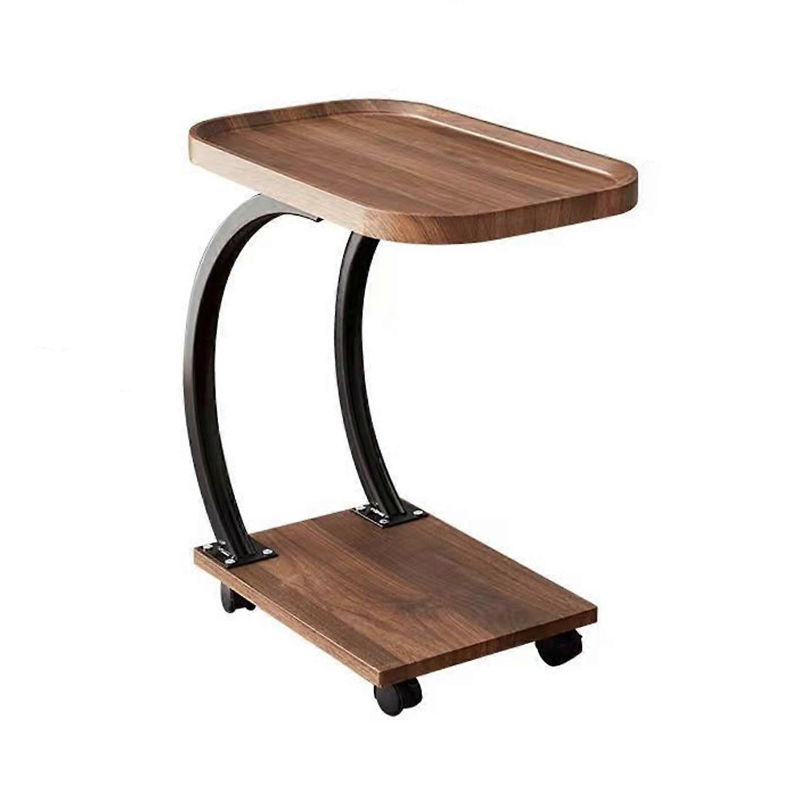 CShaped End Table Rolling Wheels Sliding Side Table Brown For Living Room Bedroom Office Modern SpaceSaving Design