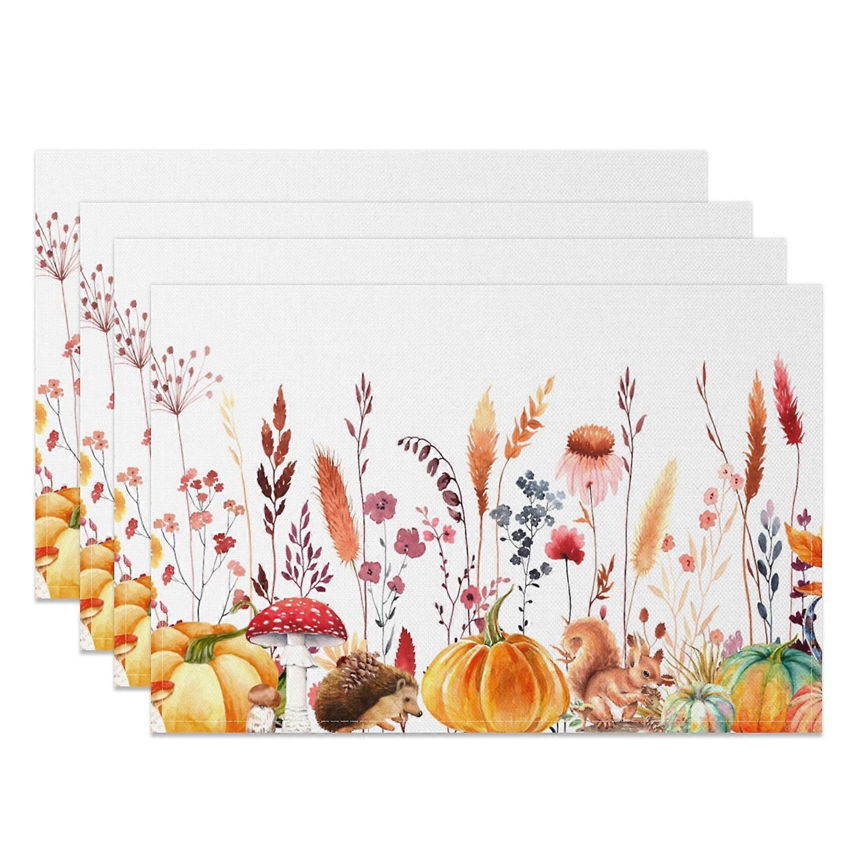 SUNOLIFE Fall Placemats Set of 4,Autumn Pumpkins Squirrel Table Place Mats 12x18 inch