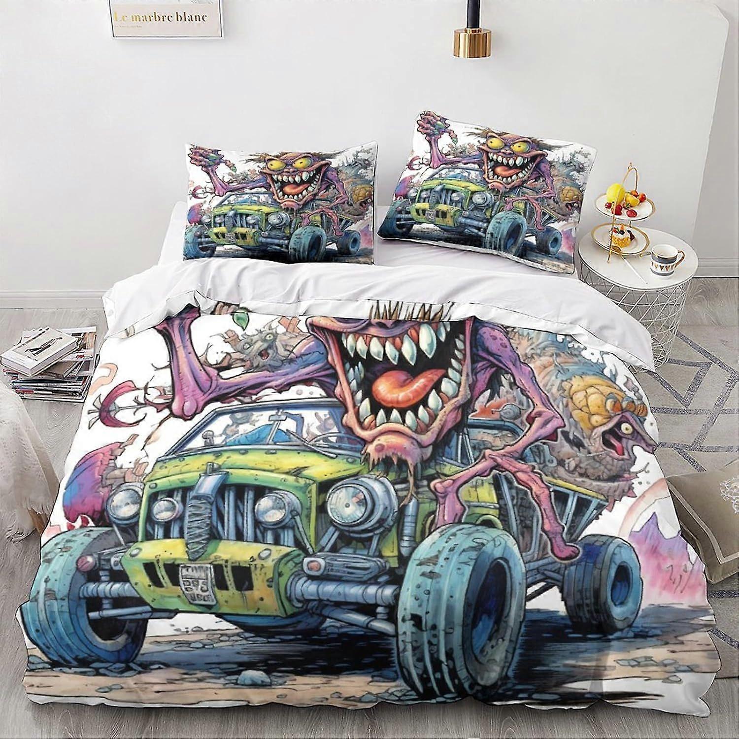 LikeEj 3 peças monstro capa edredom com fronhas, cartoon impressão roupa de cama conjunto com fecho de zíper, vintage carro colcha capa dupla