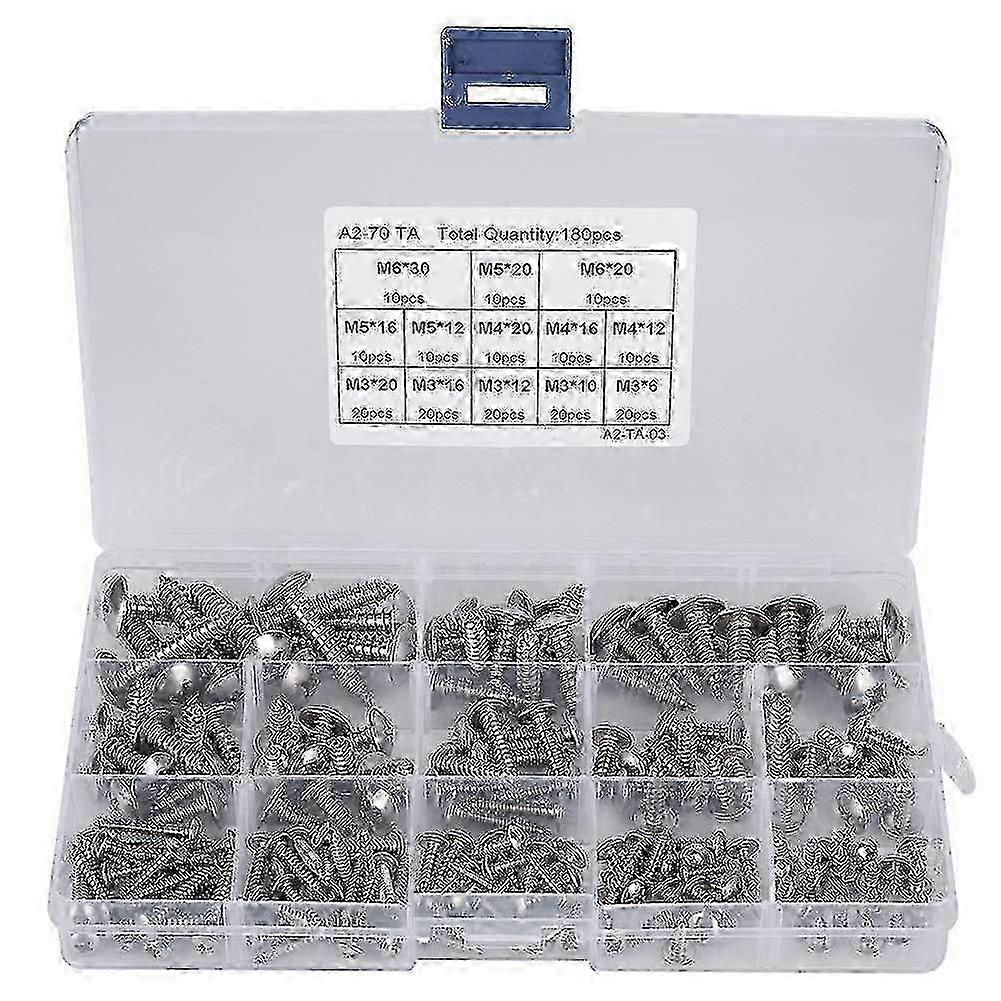 f 180pcs Self Tapping Screws Assortment Set, Include M3 M4 M5 M6 Stainless Steel Flat Head For Multiple Purpose Drilling Set, Sheet Meta
