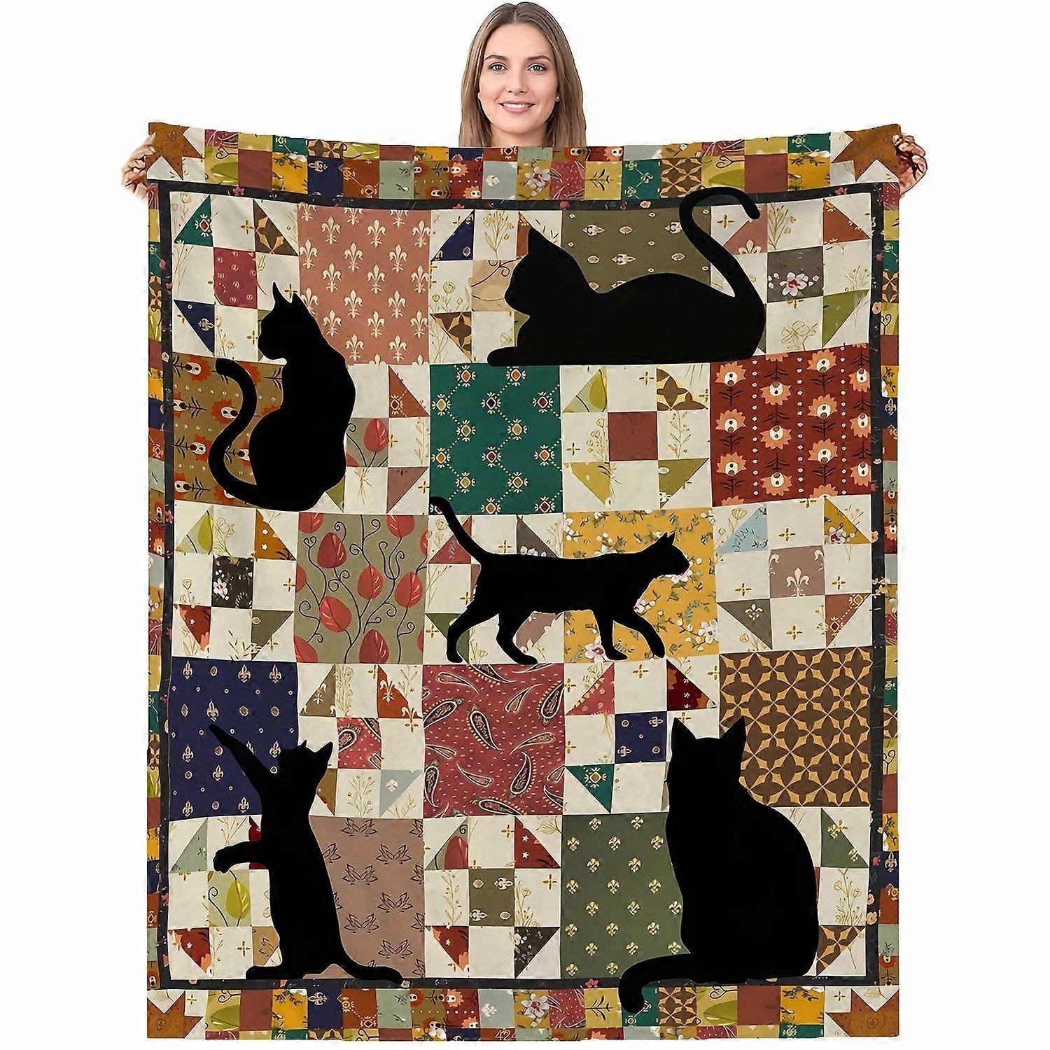 Vintage Cat-Themed Flannel Throw Blanket, Soft Cozy Knitted Polyester, All-Season Sofa Cover with Unique Patterns & Warm-mnbvc274