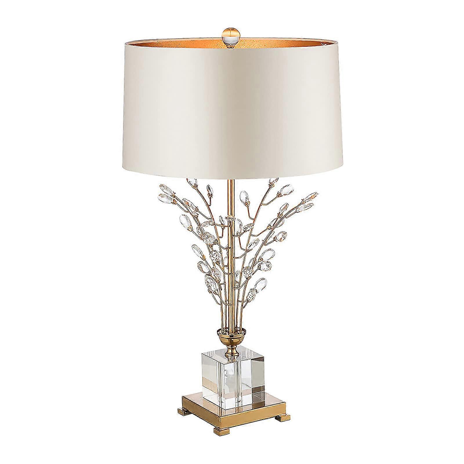 Crystal Table Lamp with Elegant Branch Design and White Linen Shade for Bedroom or Living Room