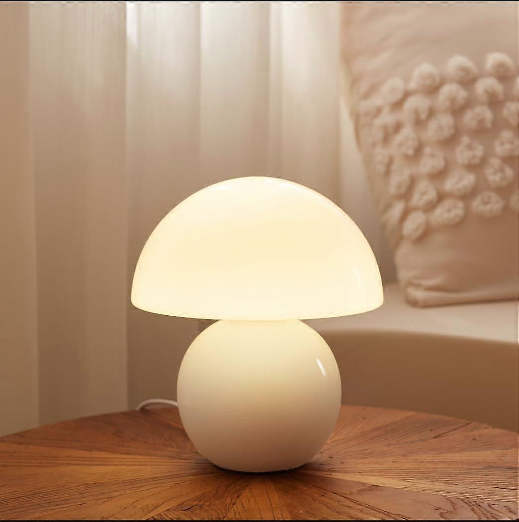 Mushroom Table Lamp with Handblown Glass Shade and Stepless Brightness Control, White Bedside Light