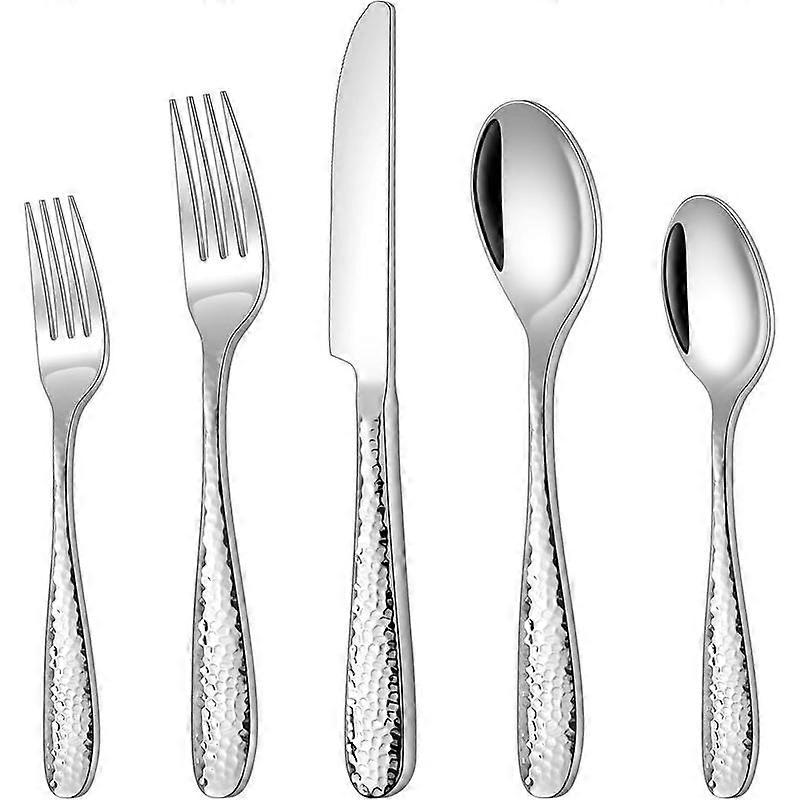 Hammered Silverware Set,   30 count Flatware Set for 6 Mirror Finish Stainless Steel Eating Utensils Sets Include Forks Spoons and  Tablewar