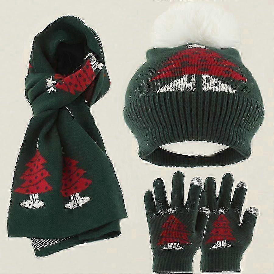 Christmas hat, scarf, and glove set, knitted winter accessories, snowflake, reindeer, bell, jacquard, family set, dark green, kid