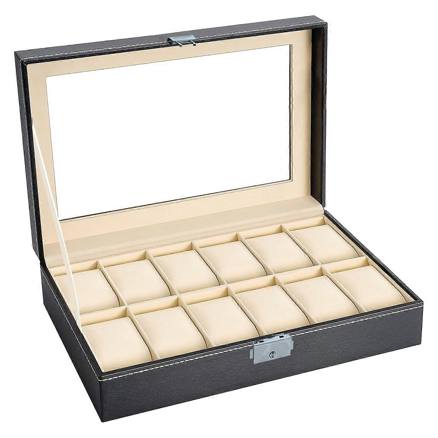 Intirilife watch box with 12 slots watch box with glass lid in black - 30 x 20 x 8 cm - Presentation display case for storage Transport - Clock Display Organizer Storage