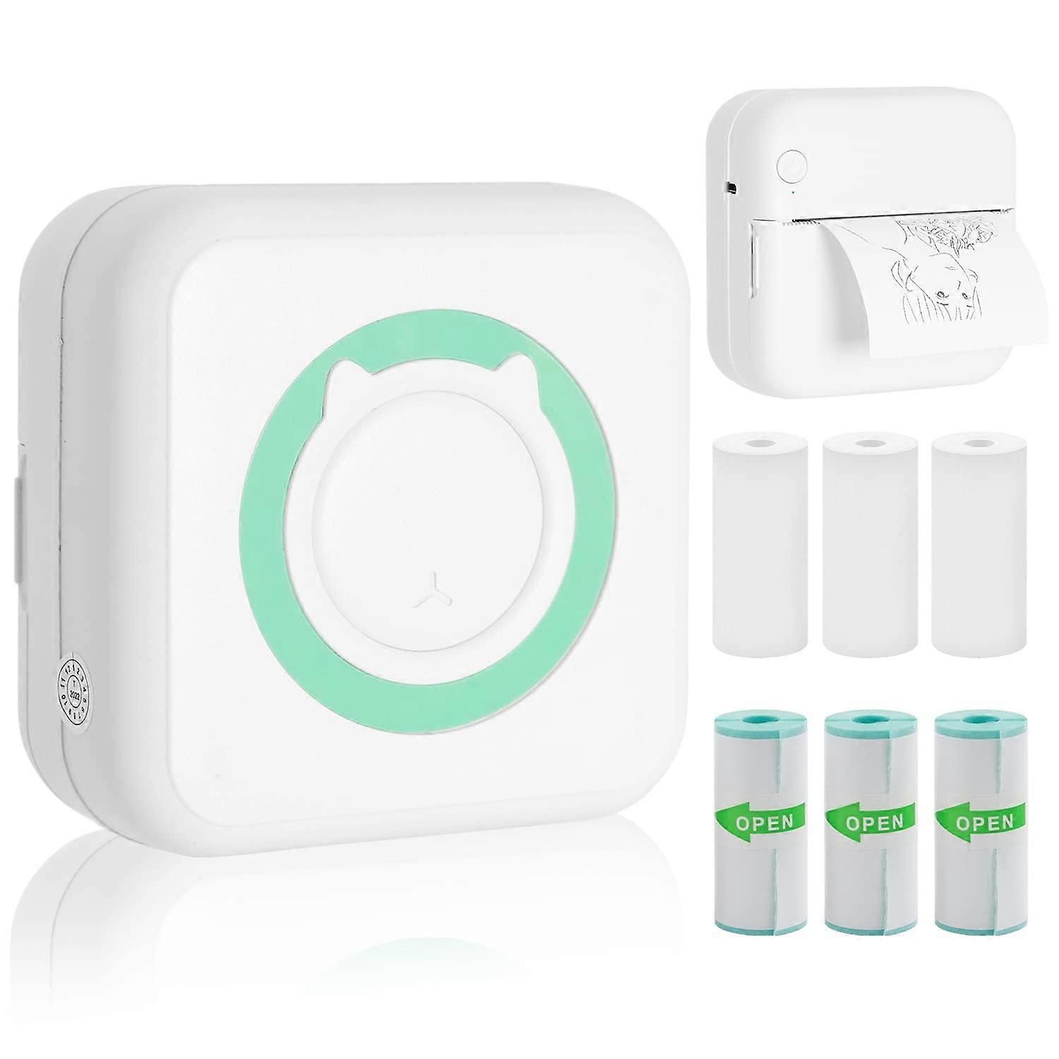 Mini Thermal Printer Bluetooth Inkless for iOS and Android with 3 Sticker Rolls and 3 Paper Rolls Green