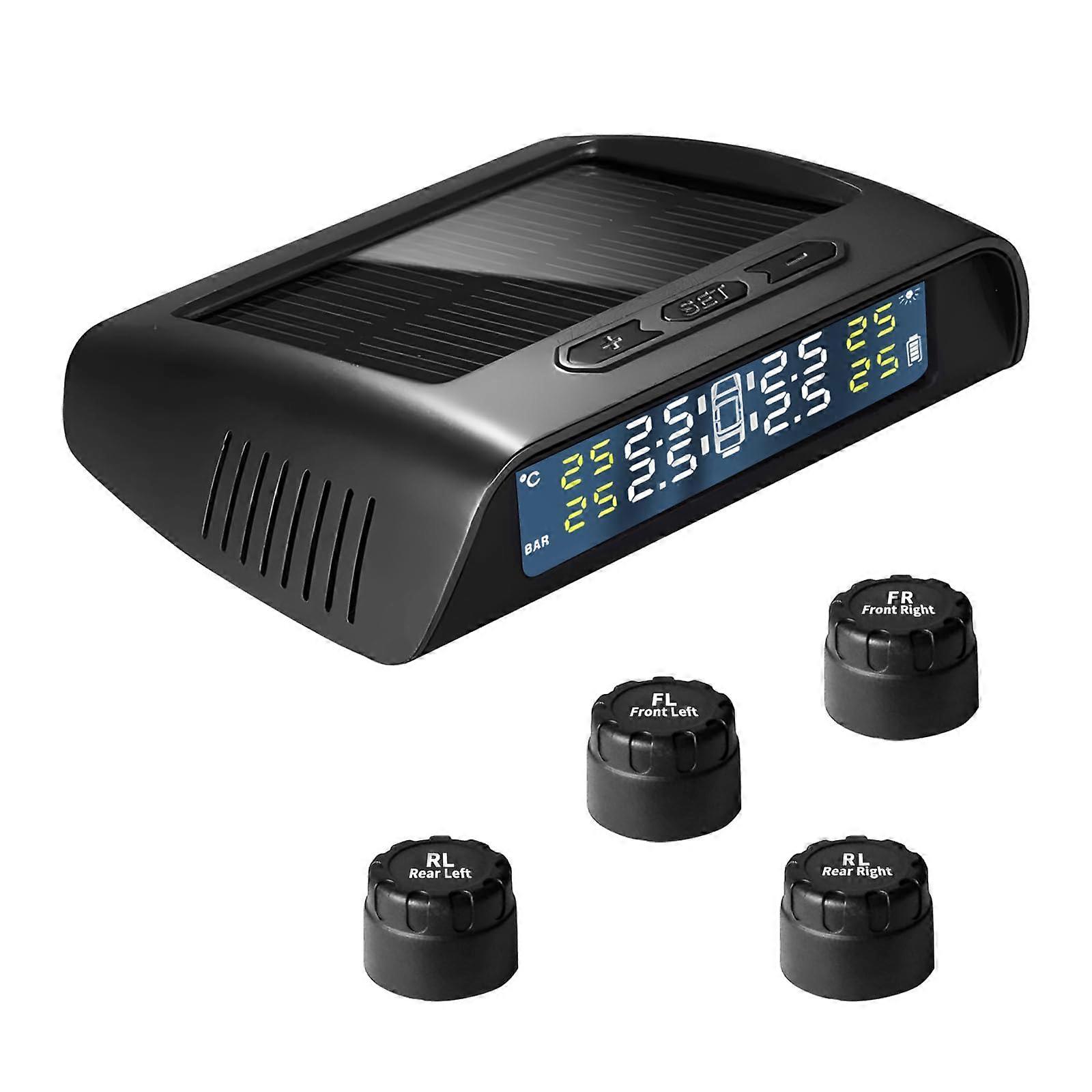 Solar Powered Tire Pressure Monitoring System for Cars and SUVs, 06 BAR 87 PSI, 4 Sensors, RealTime Pressure and Temperature