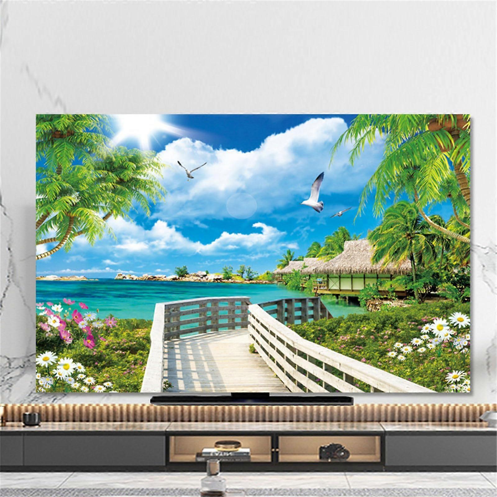 Sea View Pattern TV Screen Protector 4043 Inch, Elastic Dust Cover with Breathable Fabric