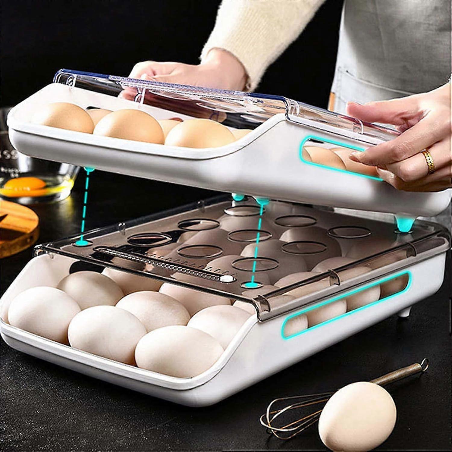 Egg Holder for Refrigerator with Automatic Rolling, Transparent Lid, Detachable Tray, Blue