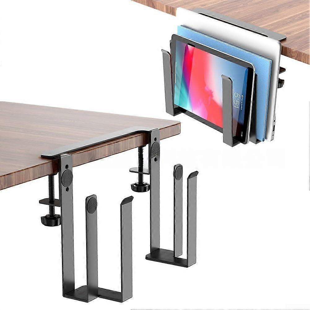 Aluminum Laptop Stand with Open Cooling Design for MultiDevice Storage and Adjustable Desk Bracket Black2