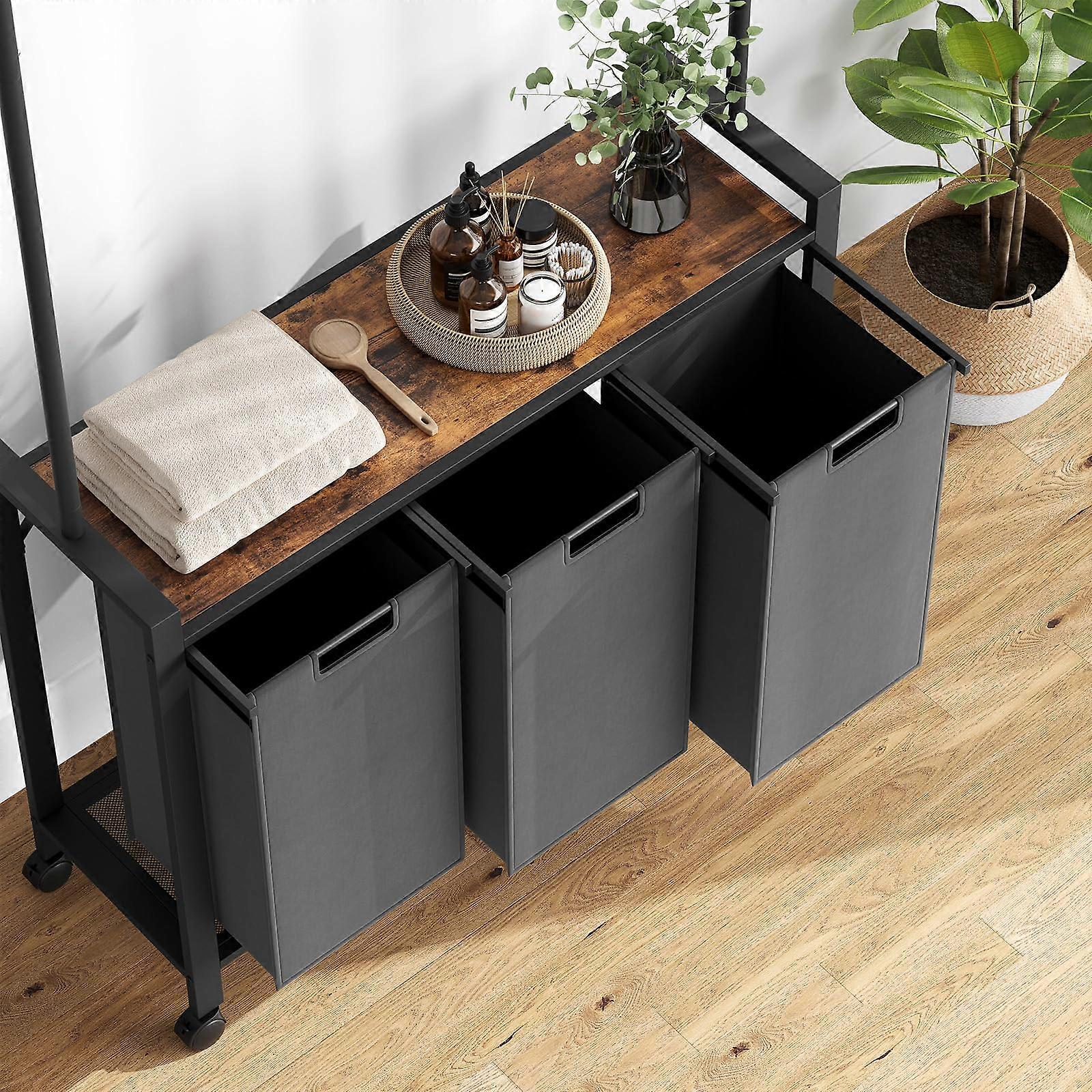 3 Section Rolling Laundry Sorter with Hanging Rack and Lockable Wheels, Heavy Duty Organizer