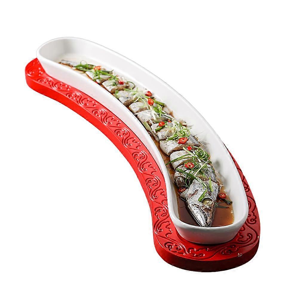 60cm Ceramic Fish Serving Plate with Walnut Base, Japanese Style Long Sushi Platter