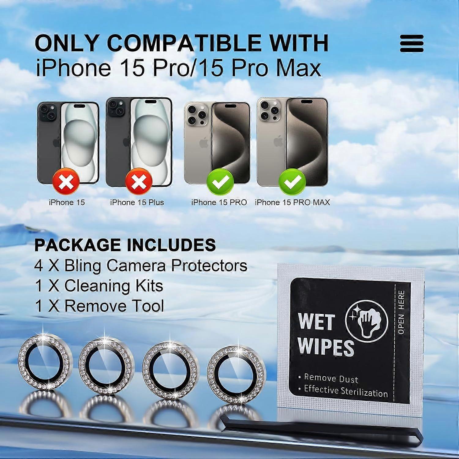 Compatible for iPhone 15 Pro/iPhone 15 Pro Max Camera Lens Protector Bling, 9H