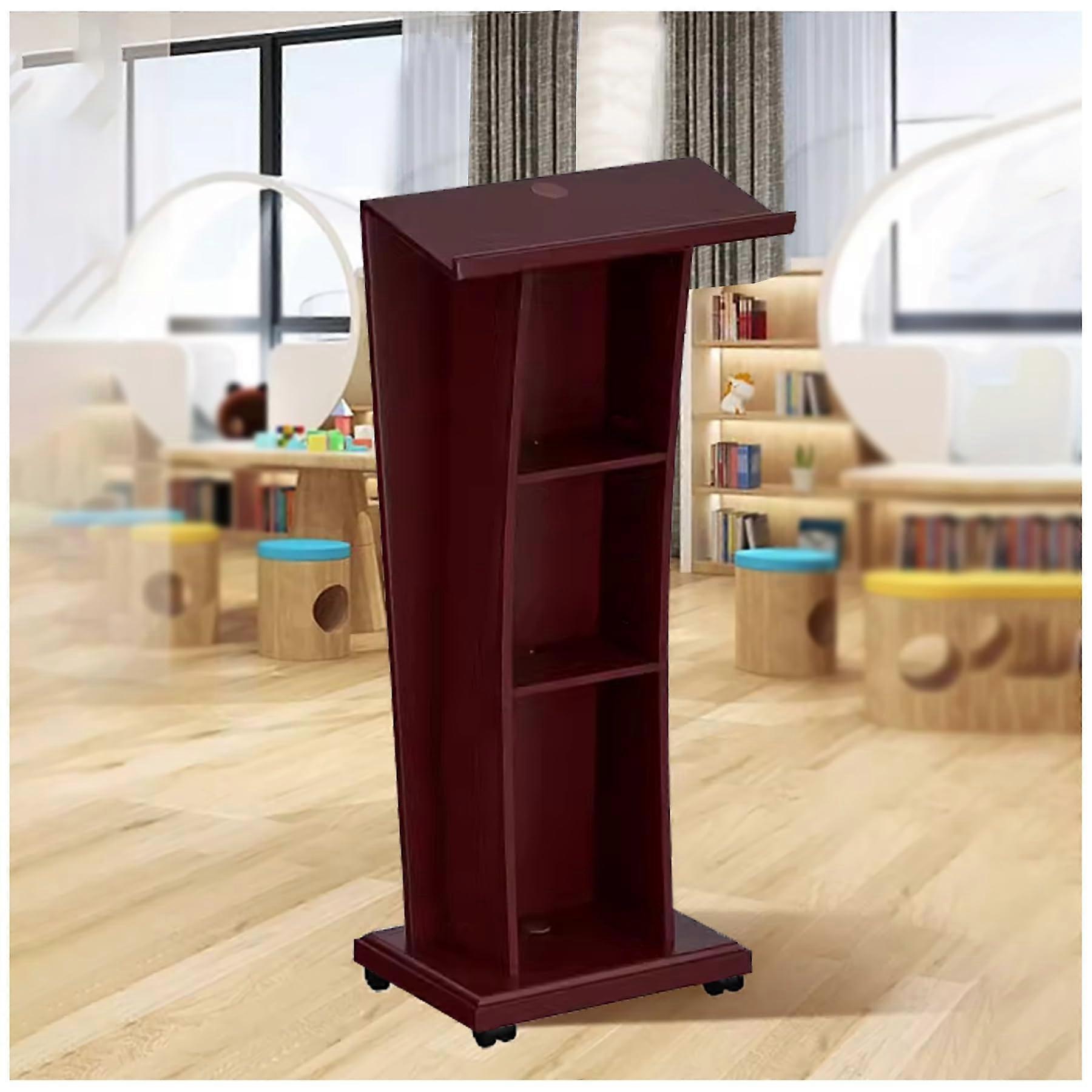 Podium with Wheels Solid Wood Rolling Lectern with Storage and Cable Management for Church Red