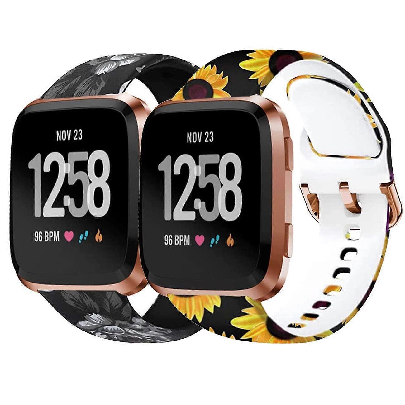 Floral Silicone Strap Fadeless Pattern Adjustable Replacement Bands for Fitbit Versa and Versa 2
