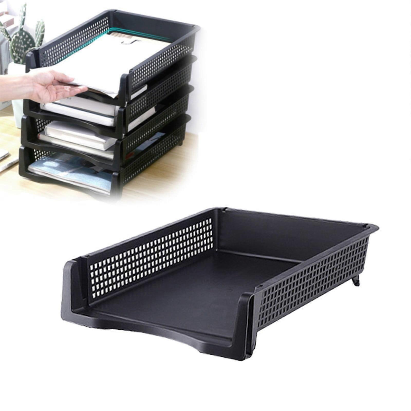 (Black) File Box Desktop Document Organizer Stackable Laminated Plastic Papers Rack Storage Tray For Home