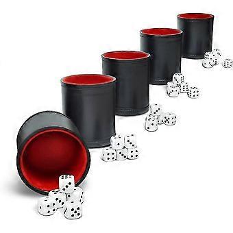 5 Black PU Leather Dice Cups Set, Red Felt Lining, 25 White 6-Sided Dice, Quiet Perudo Game Accessories