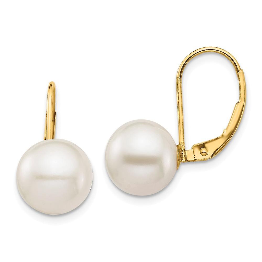 14k Solid Gold 9 10mm White Round Freshwater Cultured Pearl Leverback Earrings 18.24mm long Stud Earring for Women