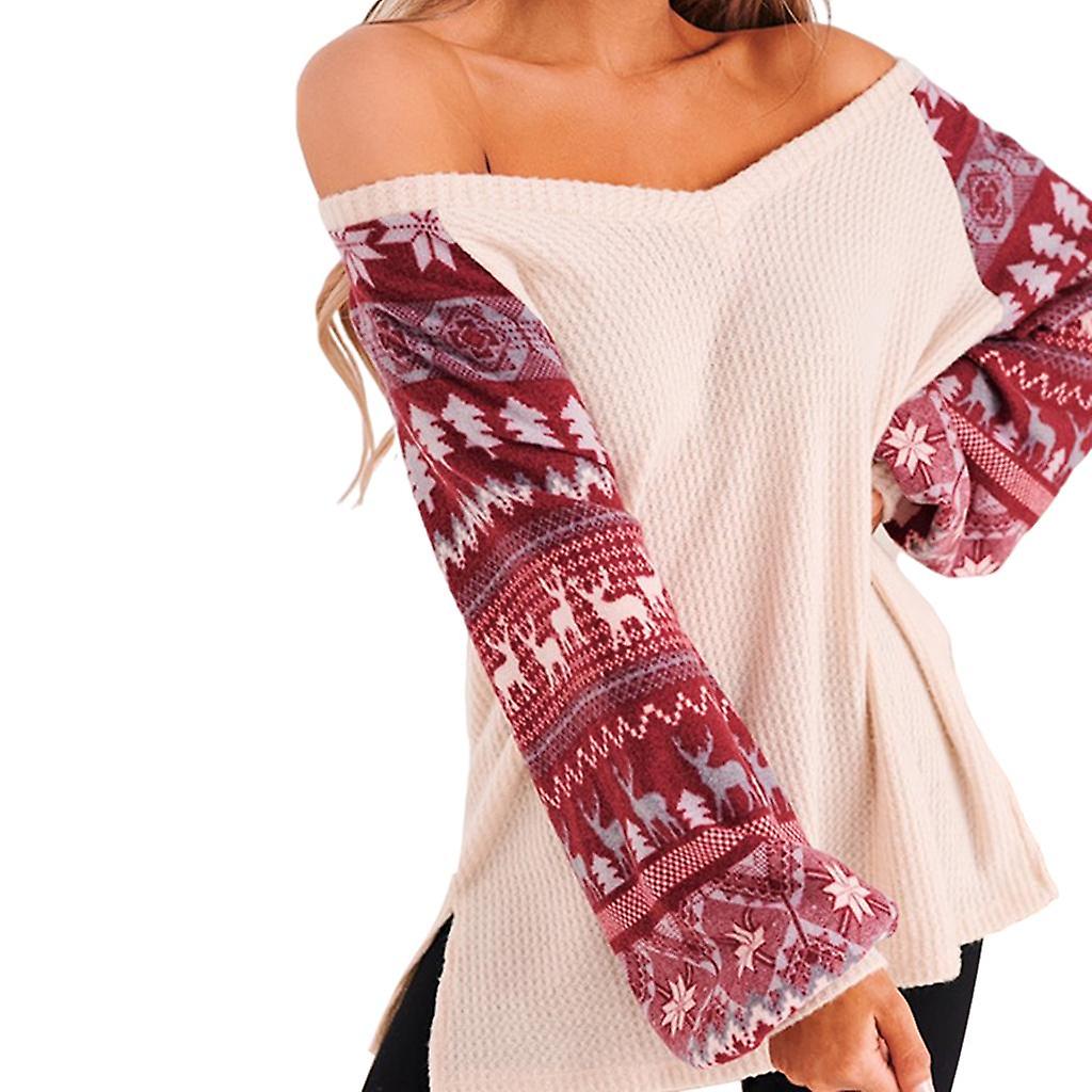 V Col Pull de Noël Père Noël Impression Pull Vêtements Femmes Dames L