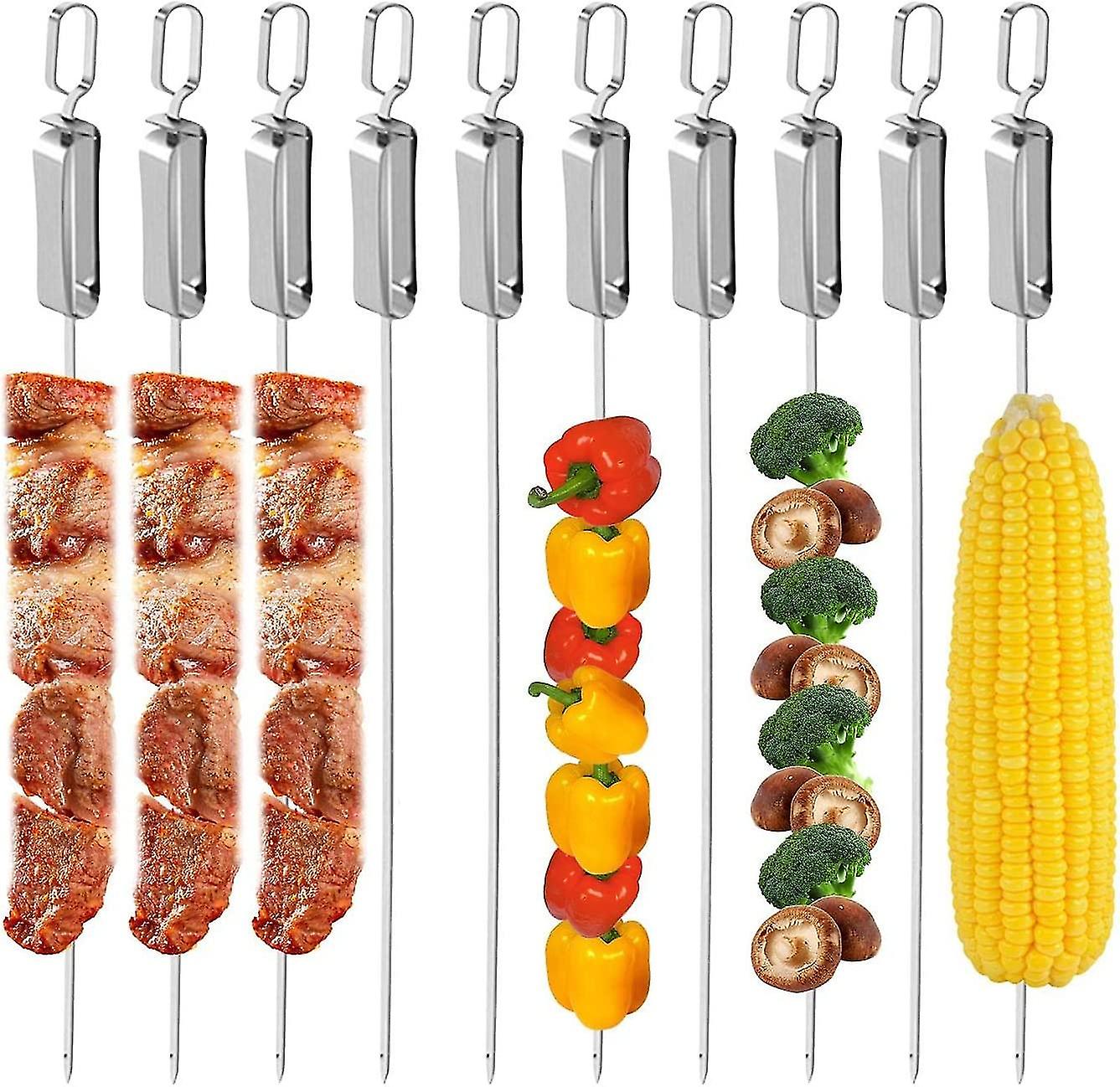 10pcs Bbq Skewers, Reusable Stainless Steel Kabob Skewers For Barbecue Grilling With Metal Sliding Handle, Barbecue Kabob Sticks