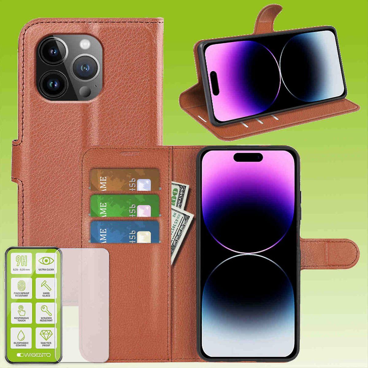 适用于苹果 iPhone 15 Pro Max 产品套装手机壳钱包 + H9 钢化玻璃保护壳壳配件棕色