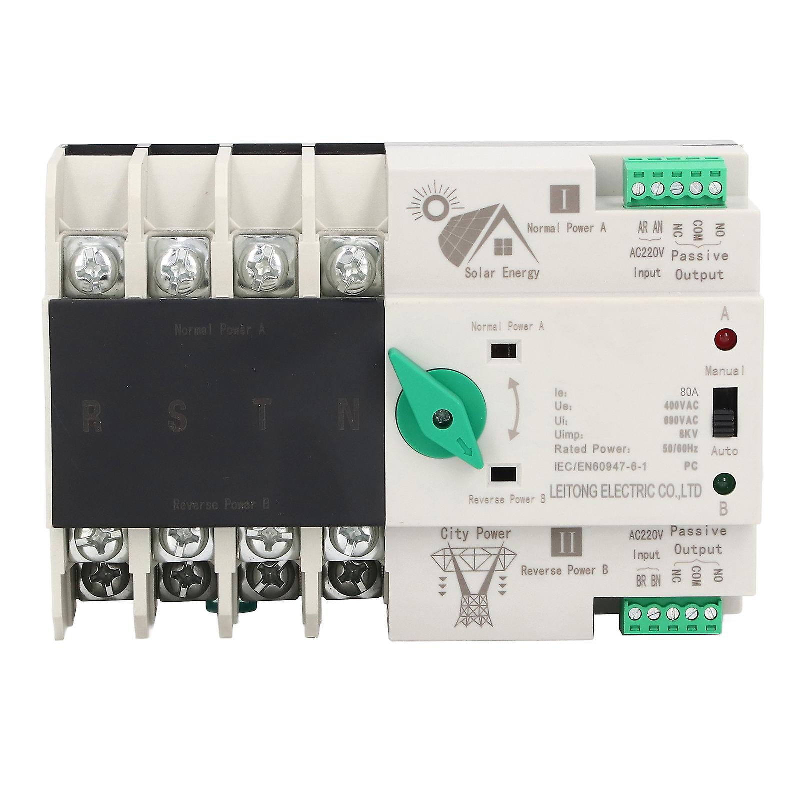 Dual Power Automatic Transfer Switch 4P Millisecond Circuit Fast Controller PV to Mains AC220V 80A