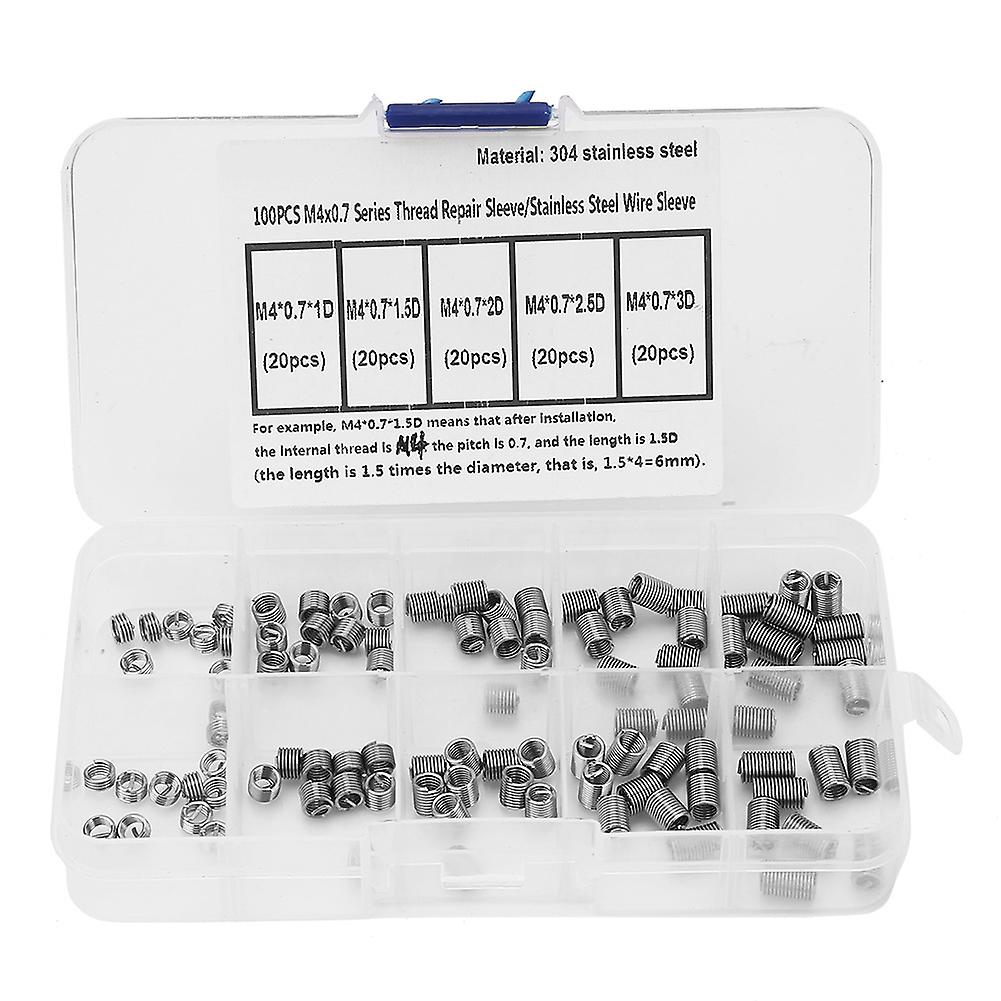 100 pcs Insert de réparation de filetage de fil enroulé Vis de filetage en acier inoxydable Manchon (#4)